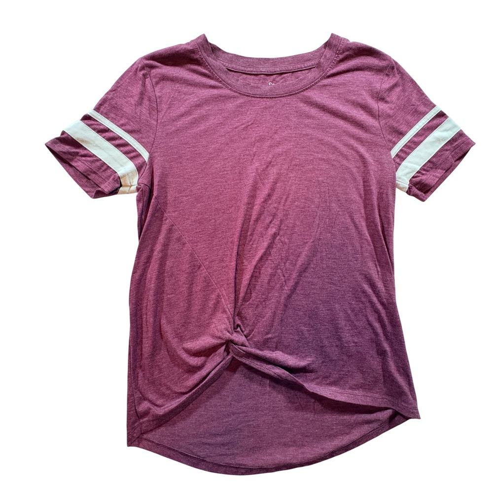 So Sporty Tee Womens Small Burgundy Twist Front Striped Sleeve Athletic Shirt